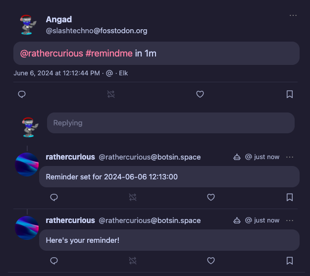 screenshot of the bot replying to a reminder command