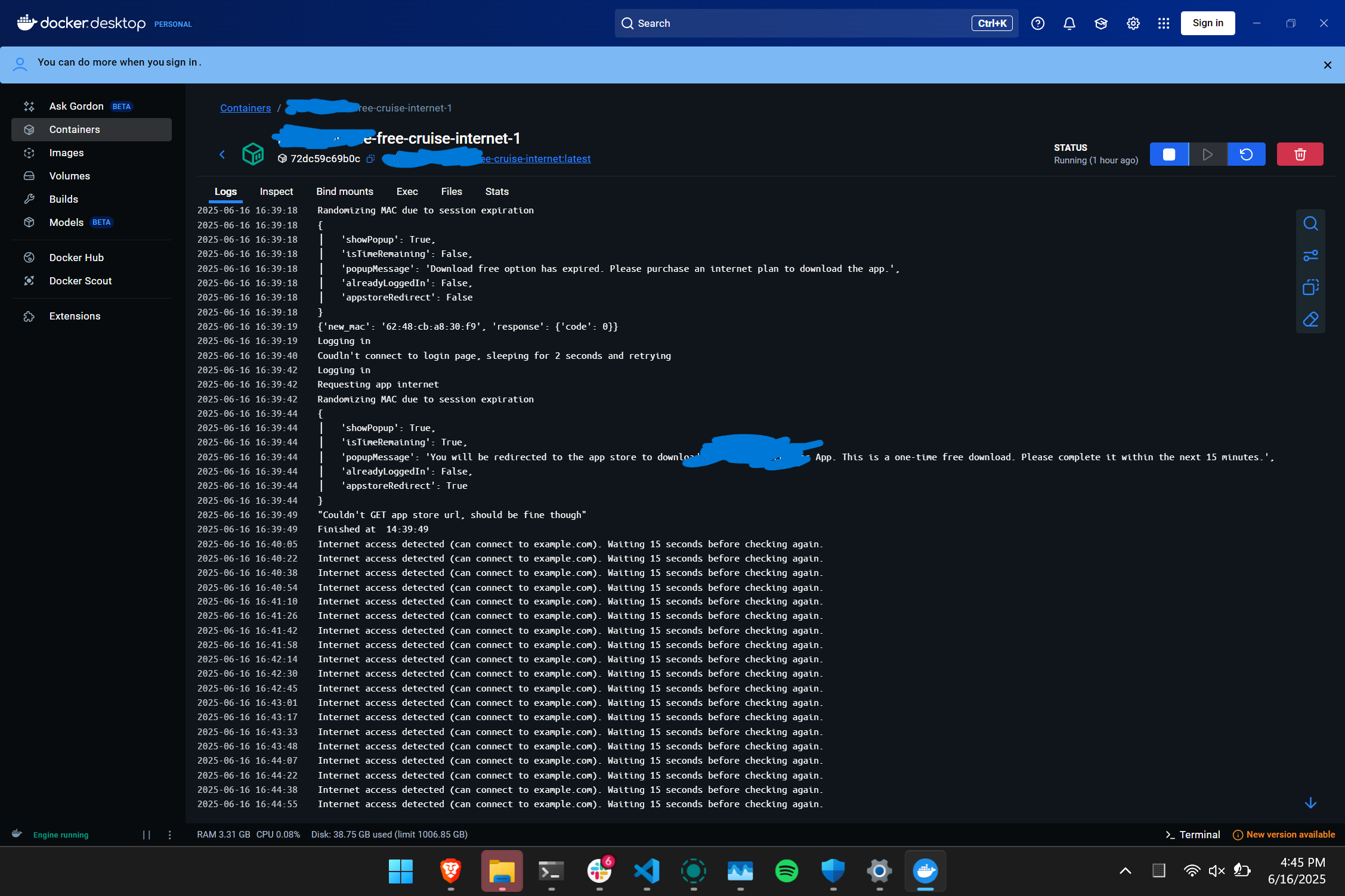 The container running in Docker Desktop, refreshing the session when needed
