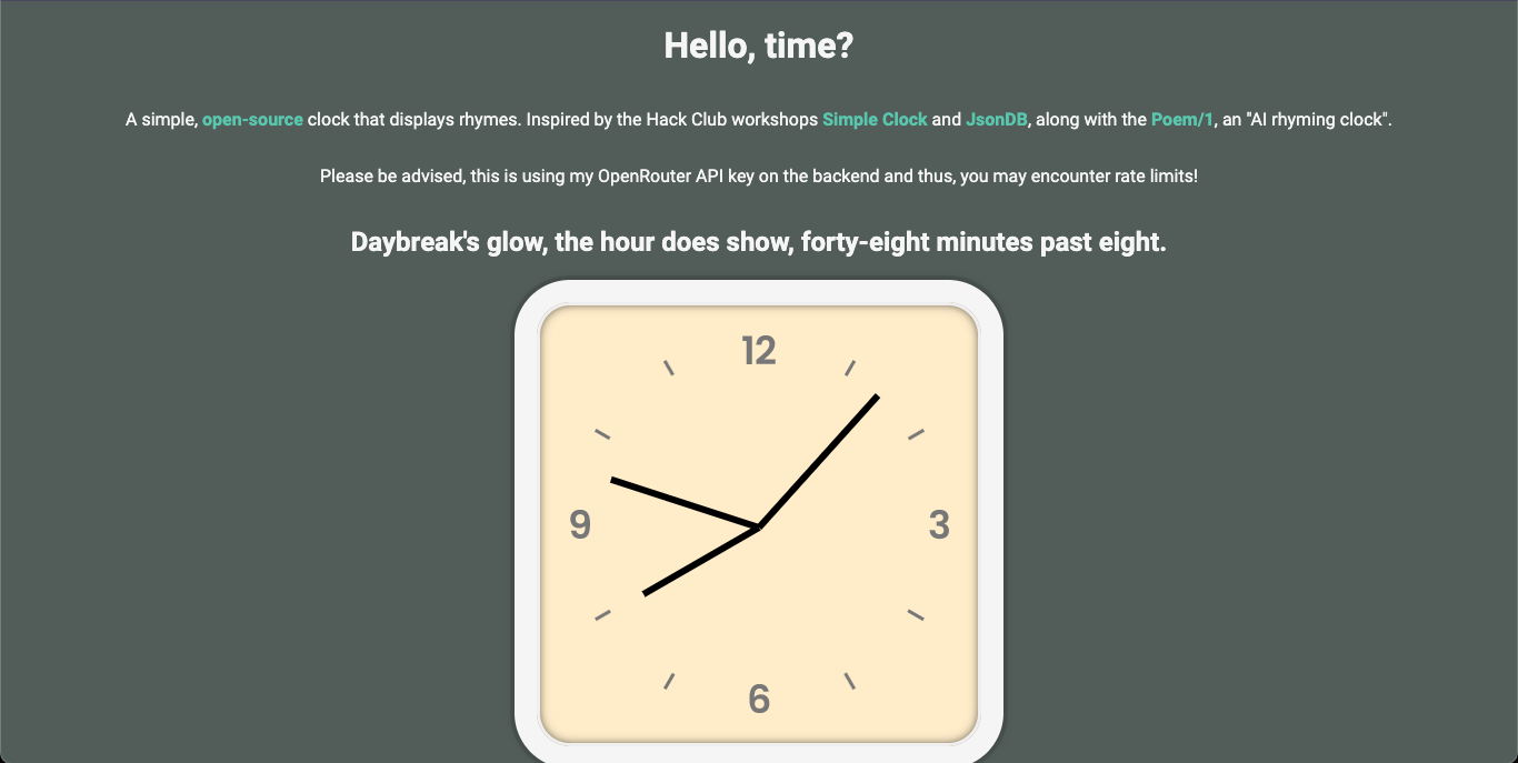 Screenshot showing the clock displaying the time and stating "Daybreak's glow, the hour does show, forty-eight minutes past eight."